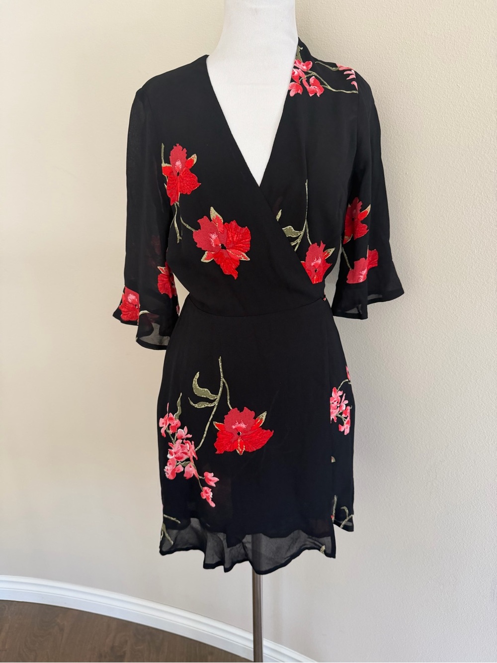 Reformation Black Mini Wrap Dress with Red Floral Embroidery, size Small